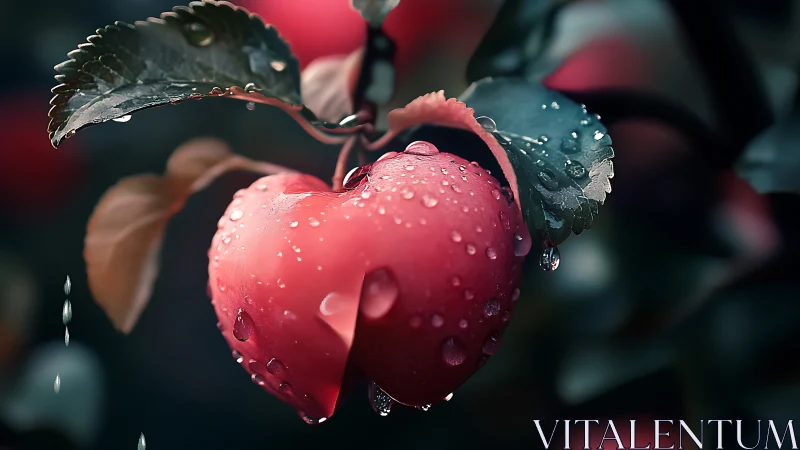Rain-soaked heartfruit hanging in a moody twilight orchard.
