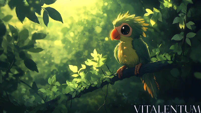 Cute cartoon parrot on leafy branch in glowing, whimsical forest.