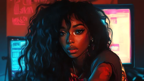 Woman with long curly hair sits before glowing computer monitors