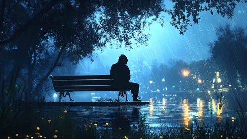 Hooded figure on park bench in nocturnal rain-soaked cityscape