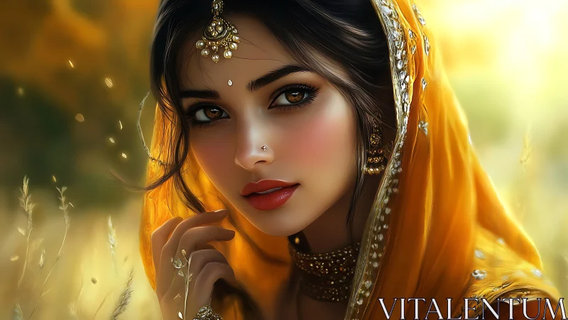 Woman in yellow veil rendered as detailed digital portrait
