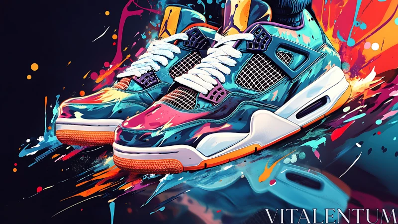 Colorful sneakers with abstract paint splatter illustration.