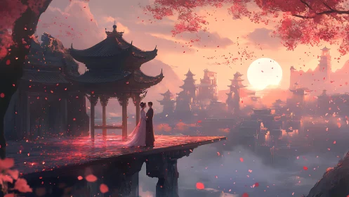 Lovers share a quiet moment above a misty fantasy city at dusk