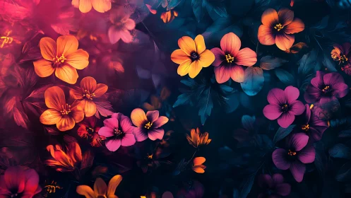 Neon Flowers on Dark Background.