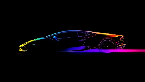 Neon-outlined supercar silhouette glows against deep black