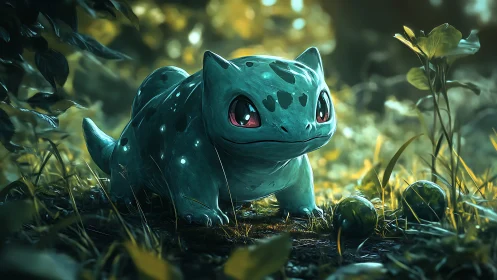 Bulbasaur rendered in luminous forest clearing environment