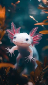 Axolotl underwater with pink gills amid blurred foliage.