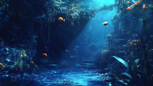 Underwater cavern environment shows luminous fish and ruins