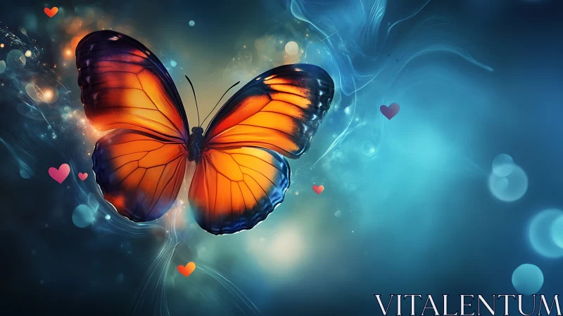 Luminous orange butterfly glows in ethereal blue bokeh field.