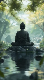 Buddha statue from behind beside reflective forest pond.