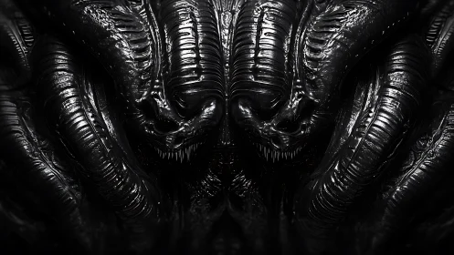 Dark biomechanical demon heads with coiled tendrils glare