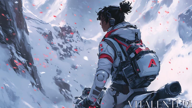 Snowy cliff explorer pauses to breathe in the icy horizon