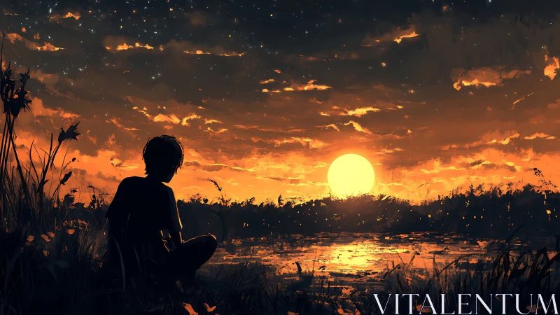 Backlit silhouette studies warm sunset reflections across lake