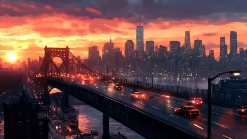 Rush hour headlights chase the molten sunset over the city