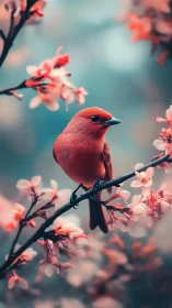 Blossom-kissed red songbird rests quietly among soft blooms