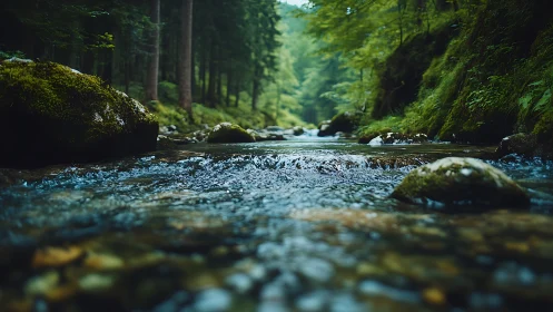 Shallow forest stream with moss covered rocks in focus.