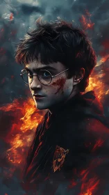 Young robed figure with glasses amid rising orange flames.