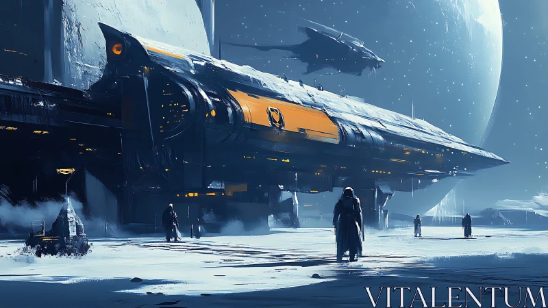 Orbital drydock with heavy cruiser over frozen exoplanet