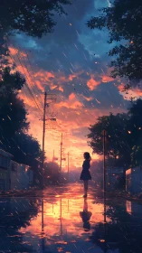 Girl in rainy street under blazing sunset reflections.