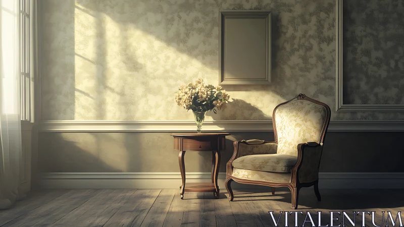 Sunlit vintage armchair in serene classical parlor interior.