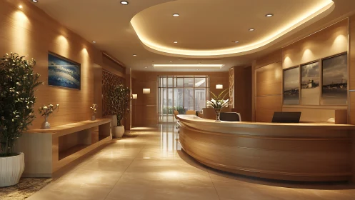 Warm modern reception lobby with soft golden lighting.