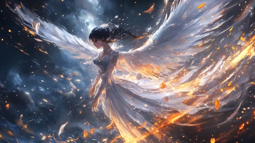 Winged female figure amid luminous particles and clouds.