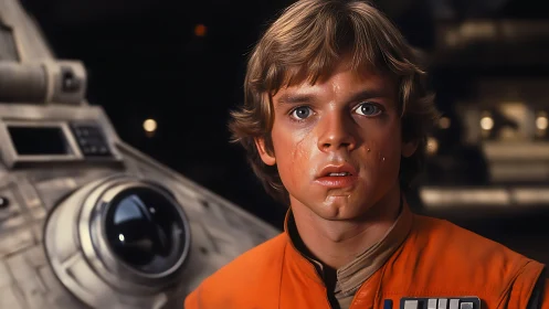 Young starfighter pilot gazes ahead in tense cockpit light