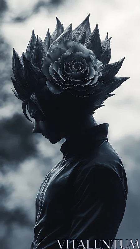 Side profile of stylized figure with rose in spiked hair.