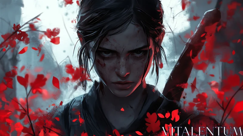 Battle-hardened survivor girl in red foliage, cinematic lighting