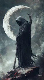 Moonlit reaper pauses on a burning cliff between storms