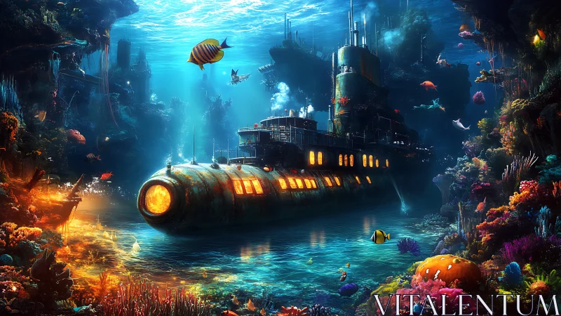 Rustborne submarine drifting through neon coral metropolis.