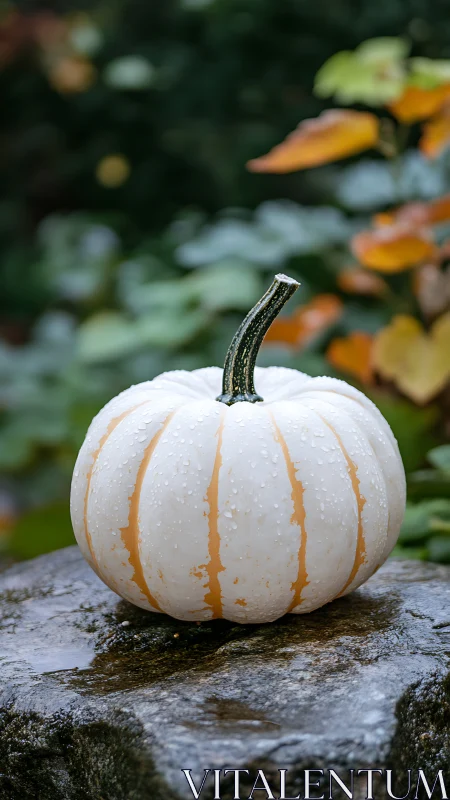 Creamy autumn pumpkin rests on a rain kissed garden stone