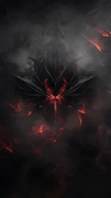 Symmetrical dark abstract emblem with red illuminated core.