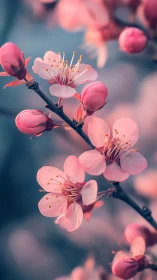 Pink Cherry Blossoms Blooming Against Blue Background.