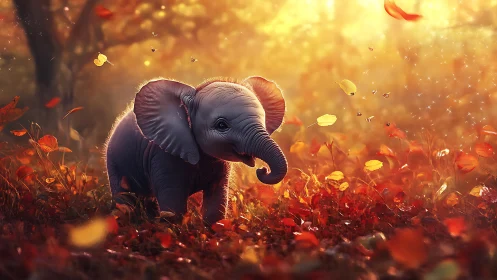 Baby elephant wanders through a spellbound autumn sunrise.