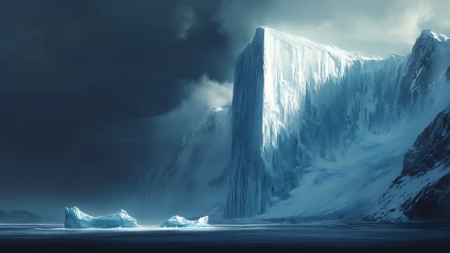 Monolithic ice cliff rises over misty polar seascape.