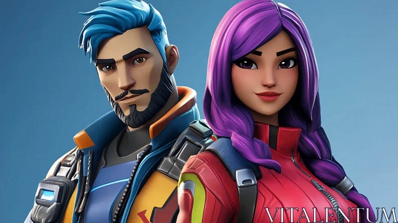 Stylized sci fi duo with neon hair in bold armor.