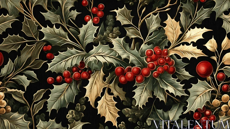 Holly leaves and berries in richly painted festive repeat pattern.