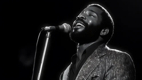 Black and white portrait of male vocalist at microphone stand.