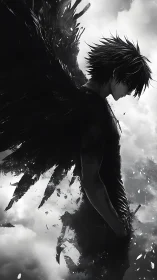 Shadowed winged guardian pauses alone in the stormy sky