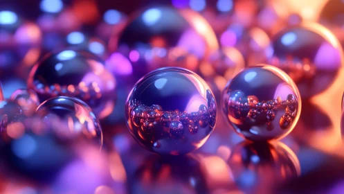 Chromatic glass spheres with neon bokeh reflections cluster