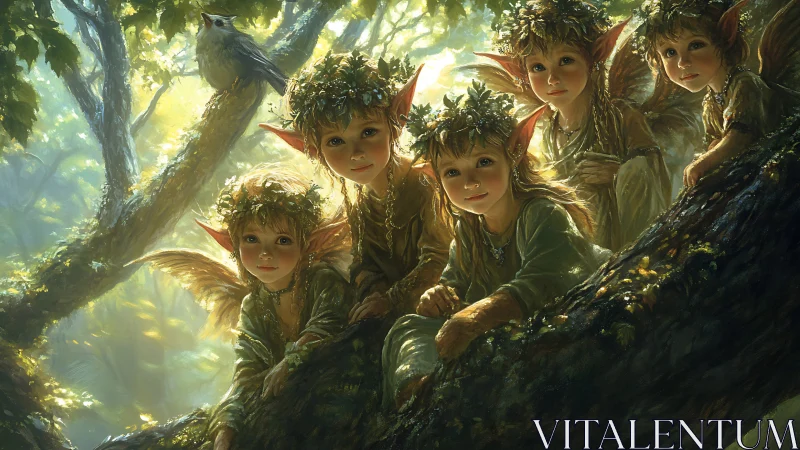 Forest fae children gather on a mossy tree branch