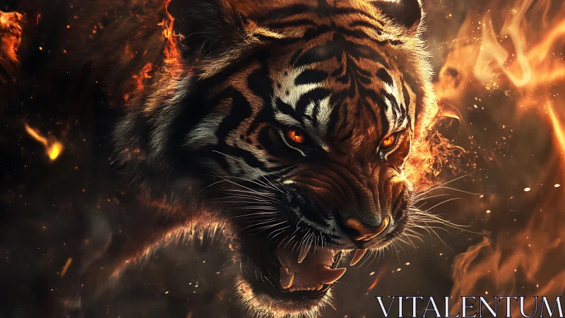 Snarling tiger head emerges sharply from swirling flames