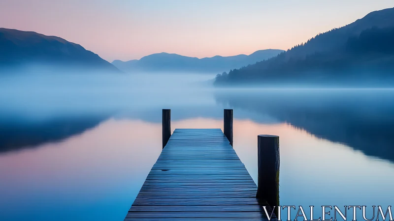 Silent pier adrift in pastel dawn fog over glassy lake.