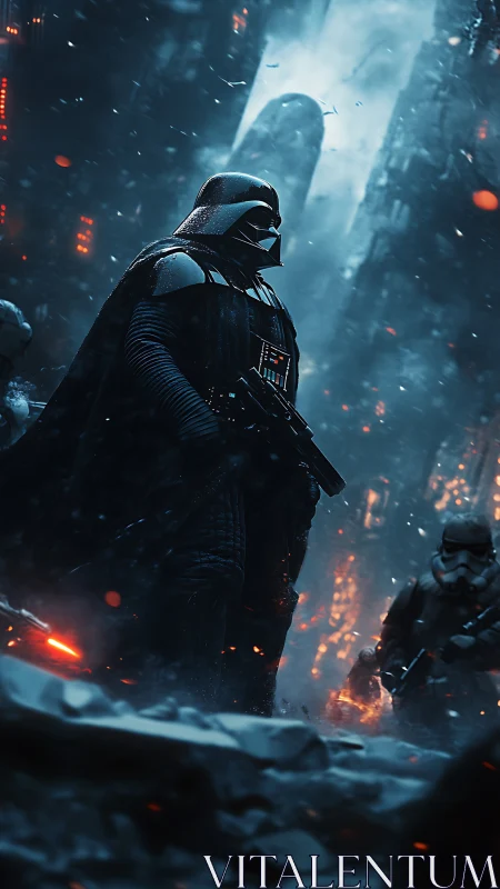 Armored figure in dark cape amid burning urban ruins.