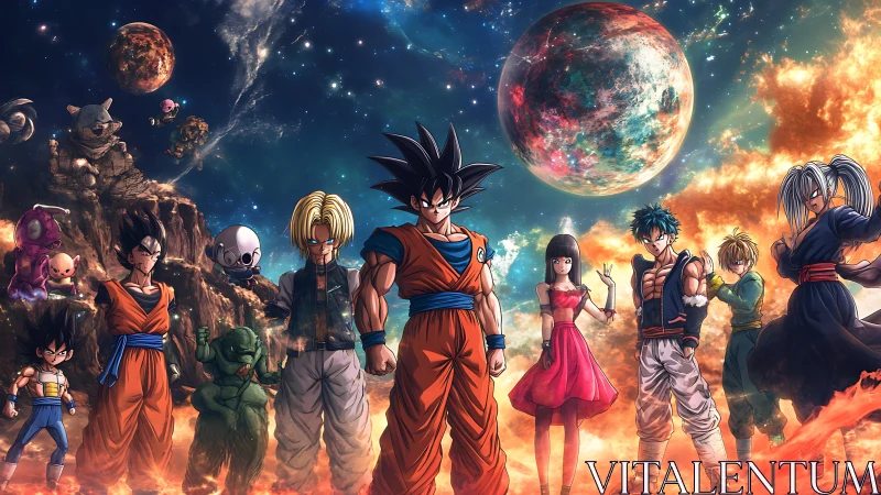 Anime heroes assemble under cosmic sky on fiery ridge.