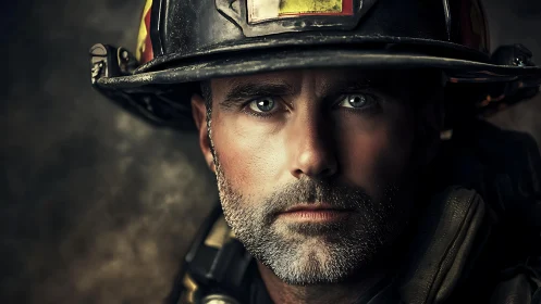Firefighter Portrait with Weathered Helmet.
