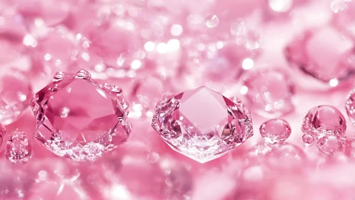 Macro pink gemstones in shallow-focus reflective composition.