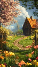 Spring cottage garden with winding flowered stone path.