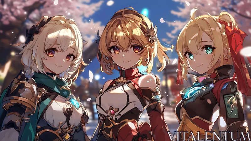 Triad of armored heroines amid luminous spring blossom.